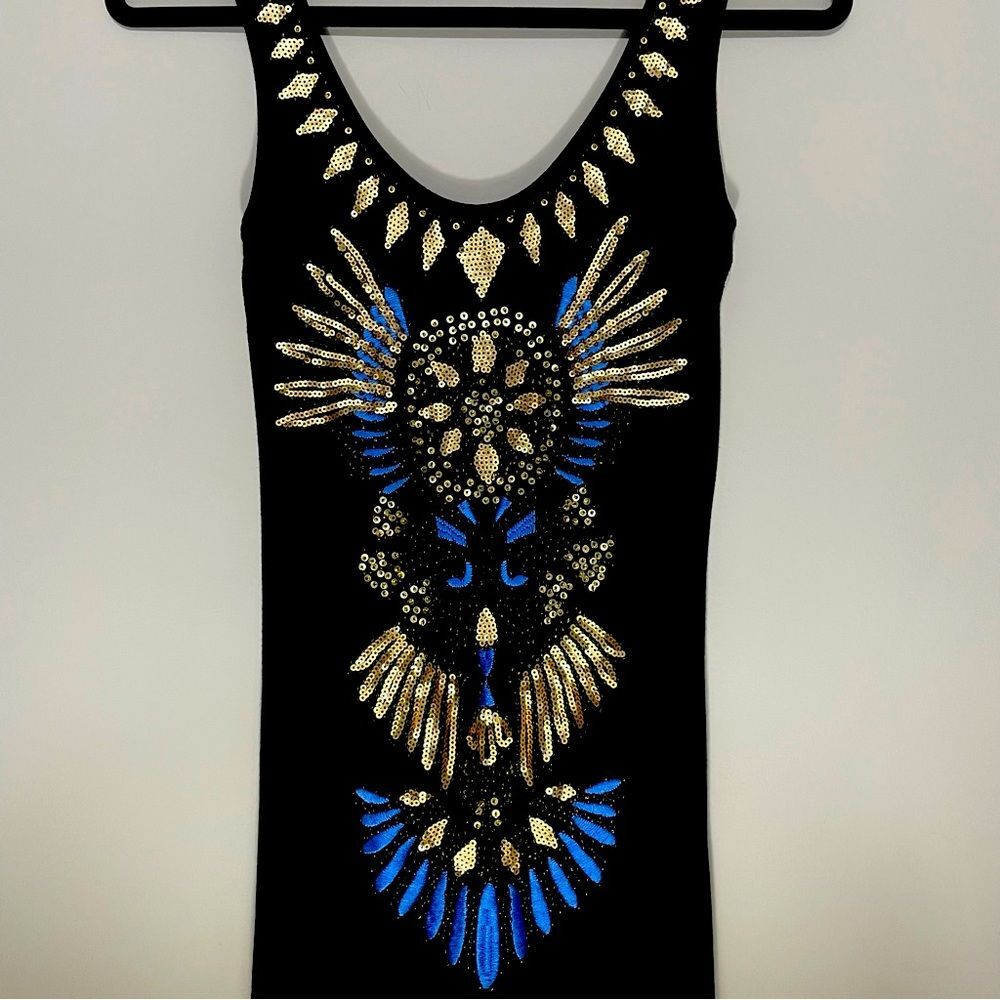 Arden B Mini Dress XS Black Tank Top Gold Sequin Blue Embroidered Jersey Knit
